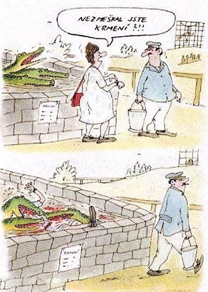 Kreslené vtipy - krmení krokodýlů